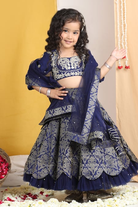 Shop_The Little Celebs_Blue Silk, Crepe, Net Zari, Sequins Floral Vine Scalloped Layered Lehenga Set 
