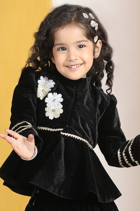 The Little Celebs Black Velvet, Crepe Embroidery, Gota Patti Lace Lehenga And Peplum Blouse Online at Aza Fashions The Little Celebs_Black Velvet, Crepe Embroidery, Gota Patti Lace Lehenga And Peplum Blouse _Online_at_Aza_Fashions