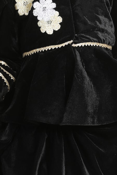 Buy_The Little Celebs_Black Velvet, Crepe Embroidery, Gota Patti Lace Lehenga And Peplum Blouse _Online_at_Aza_Fashions