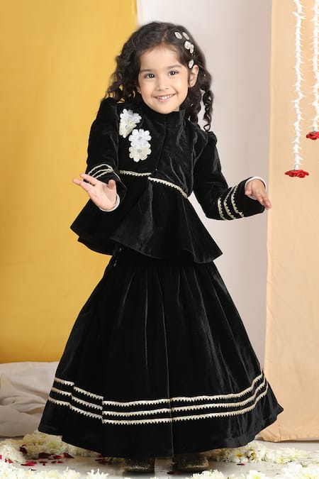 Shop_The Little Celebs_Black Velvet, Crepe Embroidery, Gota Patti Lace Lehenga And Peplum Blouse _Online_at_Aza_Fashions