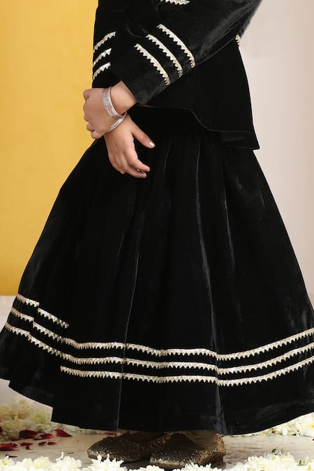 The Little Celebs Black Velvet, Crepe Embroidery, Gota Patti Lace Lehenga And Peplum Blouse at Aza Fashions The Little Celebs_Black Velvet, Crepe Embroidery, Gota Patti Lace Lehenga And Peplum Blouse _at_Aza_Fashions