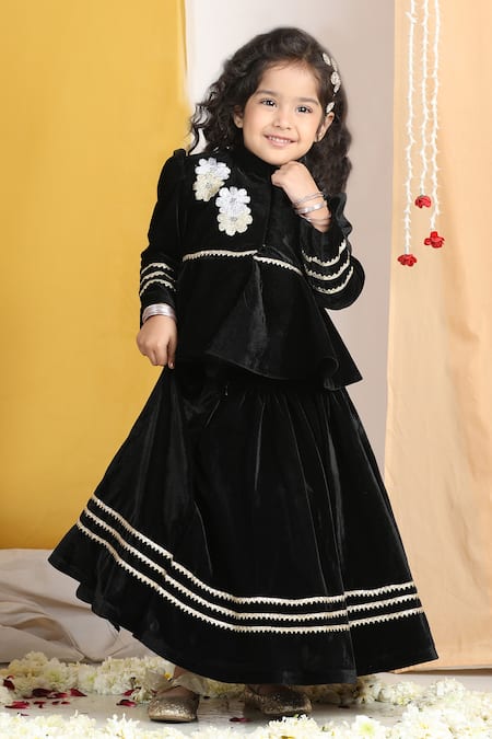Buy_The Little Celebs_Black Velvet, Crepe Embroidery, Gota Patti Lace Lehenga And Peplum Blouse 