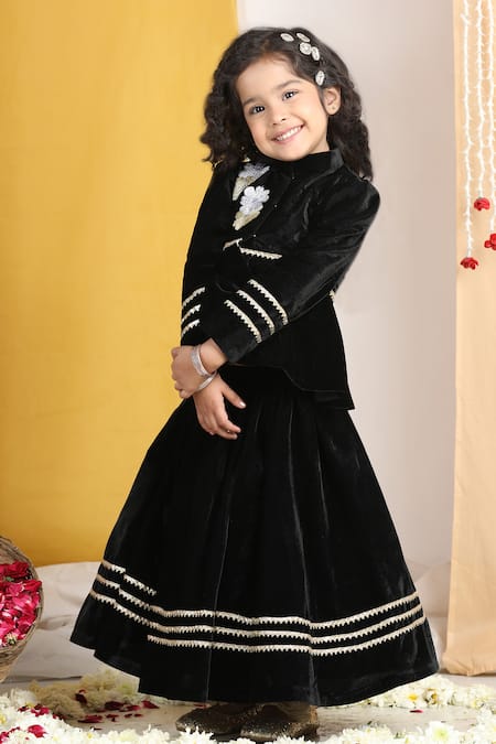Shop_The Little Celebs_Black Velvet, Crepe Embroidery, Gota Patti Lace Lehenga And Peplum Blouse 