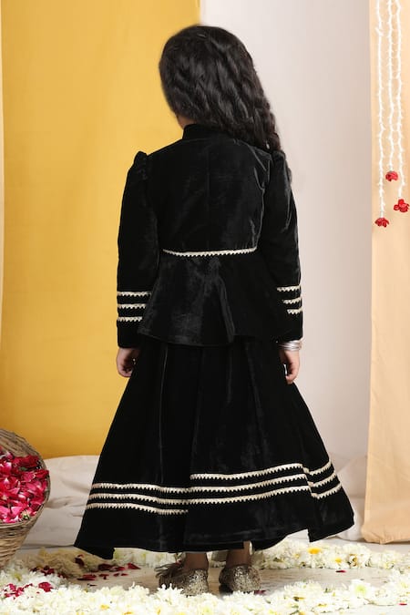 The Little Celebs Black Velvet Gota Lace Lehenga & Peplum Blouse 