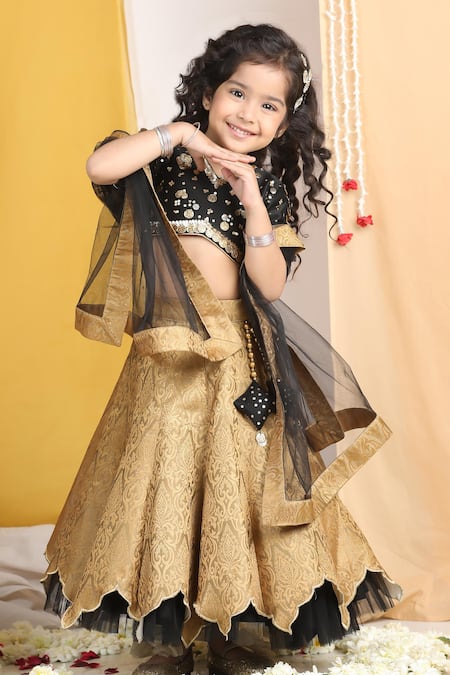 Buy_The Little Celebs_Black Silk, Crepe, Chiffon Sequins Floral Vine Layered Lehenga Set_Online_at_Aza_Fashions
