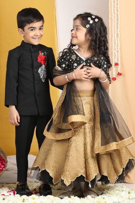Shop_The Little Celebs_Black Silk, Crepe, Chiffon Sequins Floral Vine Layered Lehenga Set_Online_at_Aza_Fashions