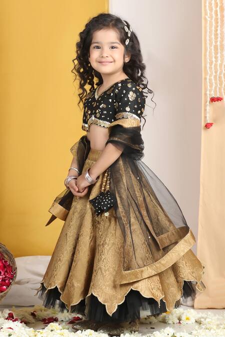 The Little Celebs_Black Silk, Crepe, Chiffon Sequins Floral Vine Layered Lehenga Set_at_Aza_Fashions
