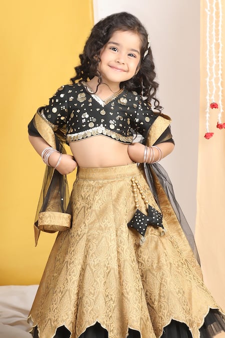 Buy_The Little Celebs_Black Silk, Crepe, Chiffon Sequins Floral Vine Layered Lehenga Set