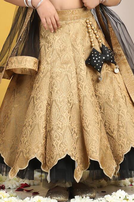 Shop The Little Celebs Black Silk, Crepe, Chiffon Sequins Floral Vine Layered Lehenga Set Shop_The Little Celebs_Black Silk, Crepe, Chiffon Sequins Floral Vine Layered Lehenga Set