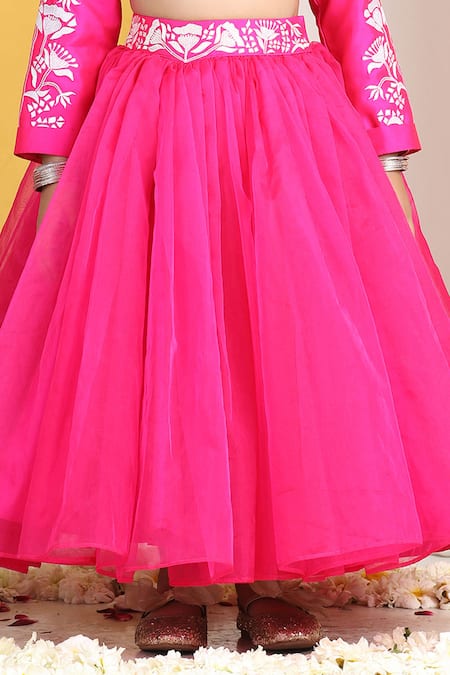 The Little Celebs_Pink Silk, Net, Crepe Embroidery Floral Lehenga Set _Online_at_Aza_Fashions