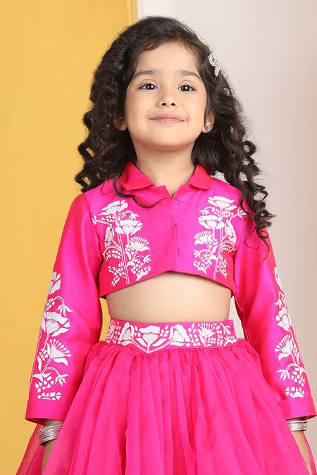 Shop_The Little Celebs_Pink Silk, Net, Crepe Embroidery Floral Lehenga Set _Online_at_Aza_Fashions