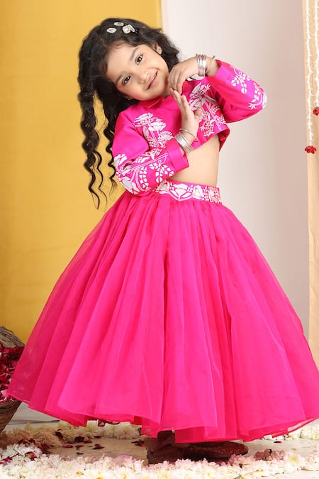 The Little Celebs_Pink Silk, Net, Crepe Embroidery Floral Lehenga Set _at_Aza_Fashions
