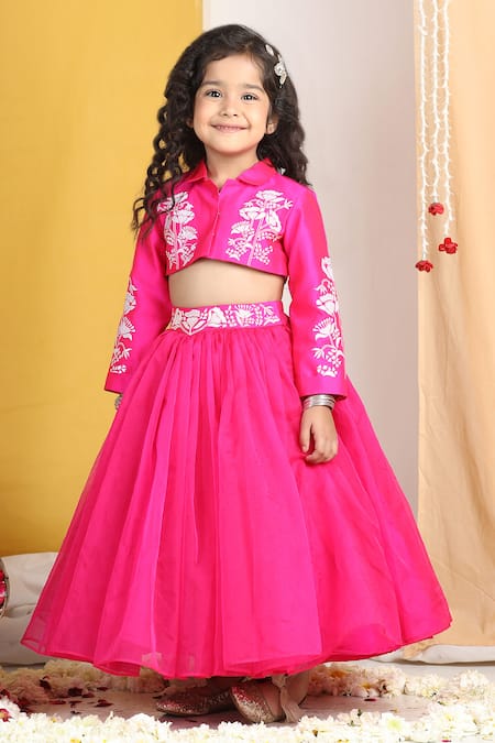 Buy_The Little Celebs_Pink Silk, Net, Crepe Embroidery Floral Lehenga Set 