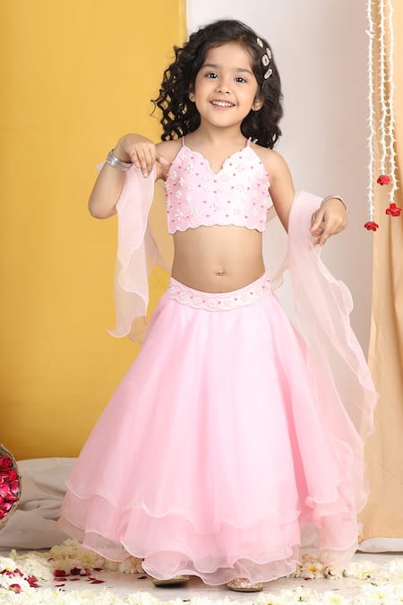 Shop_The Little Celebs_Pink Organza, Crepe Pearls Layered Lehenga Set With Embroidery _Online_at_Aza_Fashions