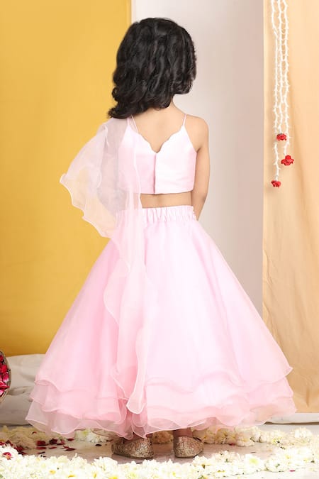 The Little Celebs Pink Layered Lehenga Set with Pearl Embroidery 