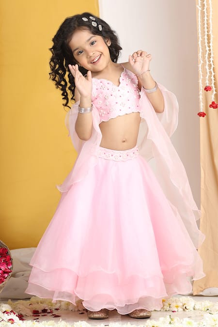 The Little Celebs_Pink Organza, Crepe Pearls Layered Lehenga Set With Embroidery _at_Aza_Fashions