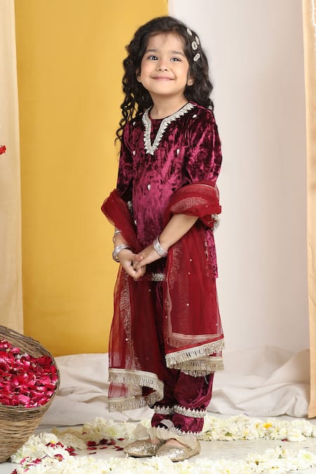 The Little Celebs_Maroon Velvet, Crepe Pearls, Zari Embroidered Kurta Set _Online_at_Aza_Fashions