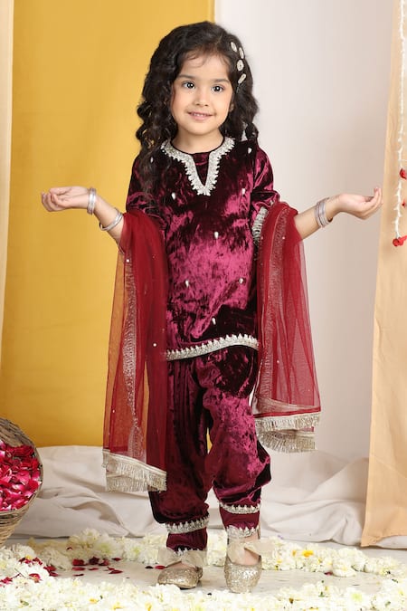 Shop_The Little Celebs_Maroon Velvet, Crepe Pearls, Zari Embroidered Kurta Set _Online_at_Aza_Fashions