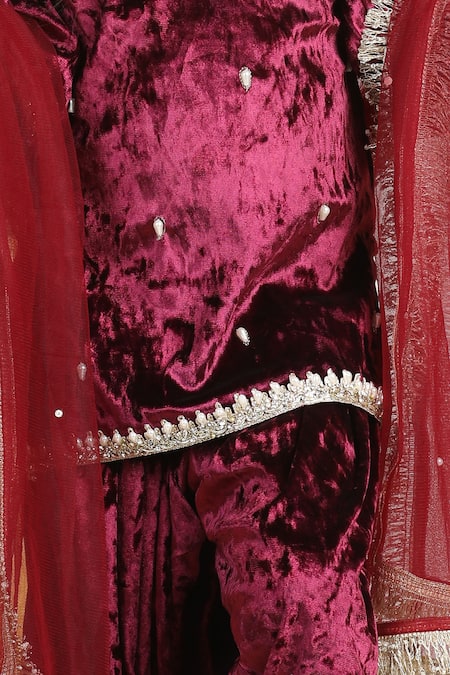 The Little Celebs_Maroon Velvet, Crepe Pearls, Zari Embroidered Kurta Set _at_Aza_Fashions