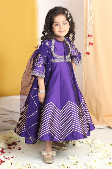 The Little Celebs_Purple Silk, Crepe Pearls, Gota Patti, Zari Floral Embroidered Anarkali Set _Online_at_Aza_Fashions