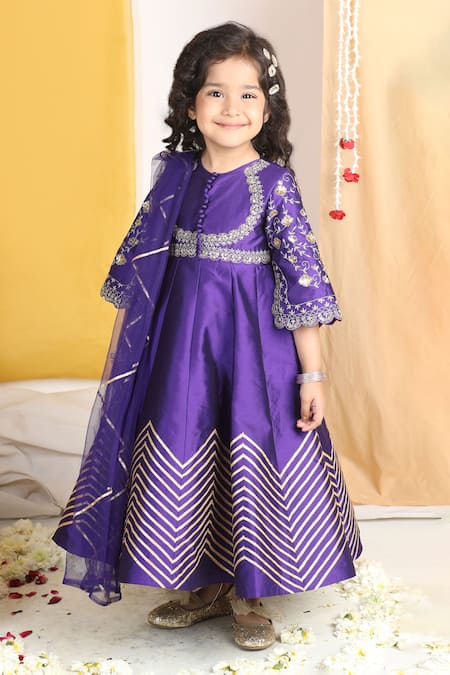 Buy_The Little Celebs_Purple Silk, Crepe Pearls, Gota Patti, Zari Floral Embroidered Anarkali Set _Online_at_Aza_Fashions
