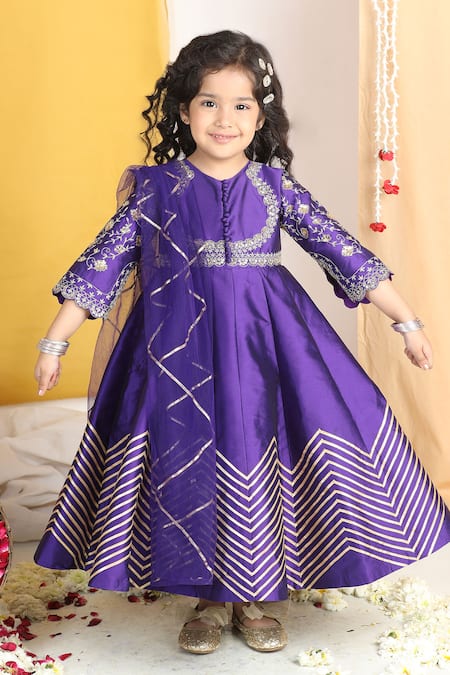 Shop_The Little Celebs_Purple Silk, Crepe Pearls, Gota Patti, Zari Floral Embroidered Anarkali Set _Online_at_Aza_Fashions