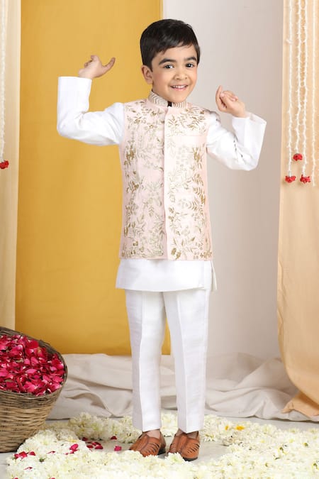 The Little Celebs_Pink Silk, Crepe Embroidery Floral Vine Bundi Set _Online_at_Aza_Fashions