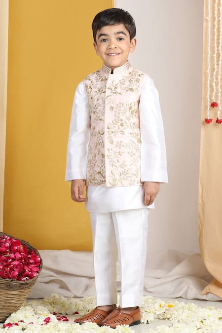 Buy_The Little Celebs_Pink Silk, Crepe Embroidery Floral Vine Bundi Set _Online_at_Aza_Fashions