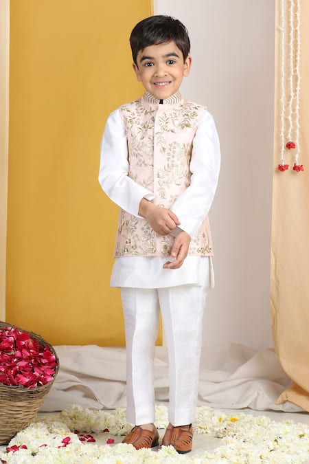 Shop_The Little Celebs_Pink Silk, Crepe Embroidery Floral Vine Bundi Set _Online_at_Aza_Fashions
