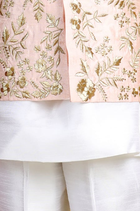 The Little Celebs_Pink Silk, Crepe Embroidery Floral Vine Bundi Set _at_Aza_Fashions