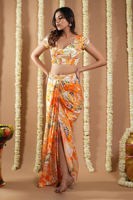 Ahi Clothing Orange Cotton, Crepe Cut Work, Sequins, Zari, Hand Draped Skirt And Blouse Set Online at Aza Fashions Ahi Clothing_Orange Cotton, Crepe Cut Work, Sequins, Zari, Hand Draped Skirt And Blouse Set _Online_at_Aza_Fashions