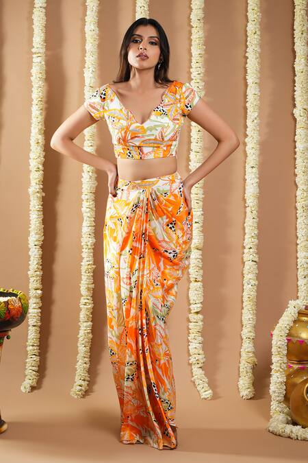 Ahi Clothing Orange Cotton, Crepe Cut Work, Sequins, Zari, Hand Draped Skirt And Blouse Set at Aza Fashions Ahi Clothing_Orange Cotton, Crepe Cut Work, Sequins, Zari, Hand Draped Skirt And Blouse Set _at_Aza_Fashions