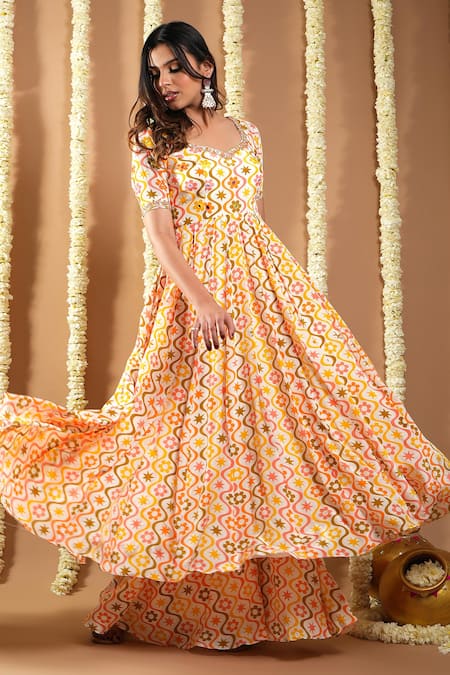 Buy_Ahi Clothing_Multi Color Cotton, Crepe Cut Work, Lace, Floral Abstract Print Anarkali Set _Online_at_Aza_Fashions