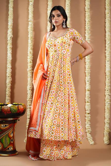 Shop_Ahi Clothing_Multi Color Cotton, Crepe Cut Work, Lace, Floral Abstract Print Anarkali Set _Online_at_Aza_Fashions
