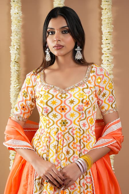 Ahi Clothing_Multi Color Cotton, Crepe Cut Work, Lace, Floral Abstract Print Anarkali Set _at_Aza_Fashions