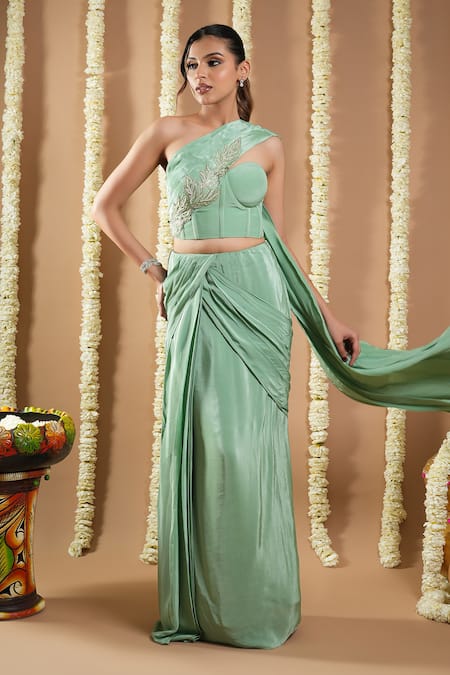 Ahi Clothing_Green Cotton, Crepe Embroidery Asymmetric Floral Vine Hand Draped Saree Set _at_Aza_Fashions