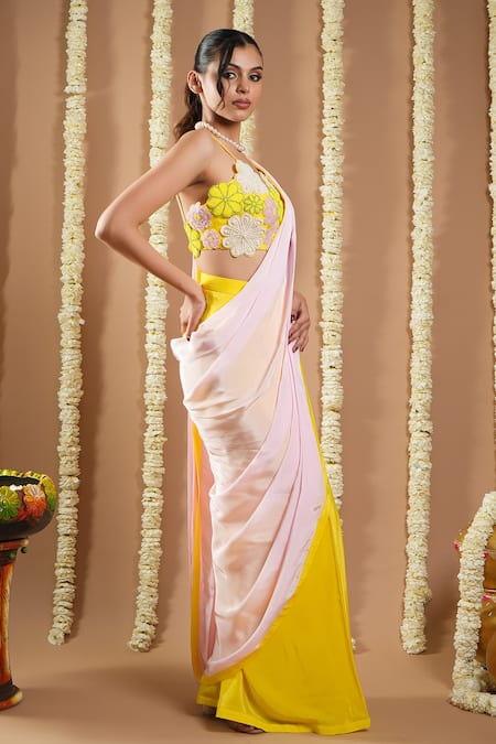 Ahi Clothing Yellow Cotton, Crepe Cut Work Asymmetric Pre-draped Saree And Floral Bustier Online at Aza Fashions Ahi Clothing_Yellow Cotton, Crepe Cut Work Asymmetric Pre-draped Saree And Floral Bustier _Online_at_Aza_Fashions