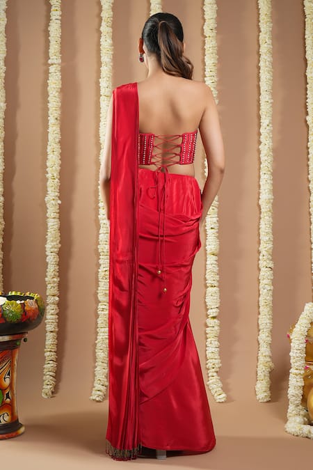 Ahi Clothing Red Pre-Draped Saree With Bustier 