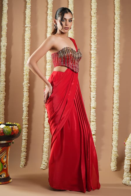 Buy_Ahi Clothing_Red Crepe, Cotton Crystals, Mirrors, Beads, Cut Pre-draped Saree With Bustier _Online_at_Aza_Fashions