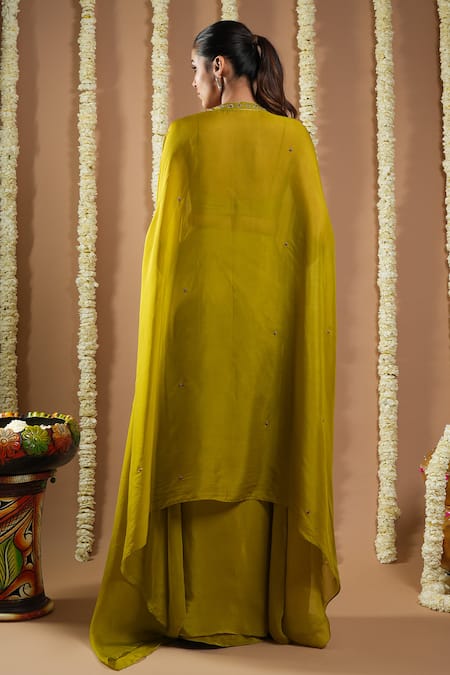 Shop Ahi Clothing Green Organza, Crepe Cut Work, Zardozi Hand Embroidered Draped Skirt Cape Set at Aza Fashions Shop_Ahi Clothing_Green Organza, Crepe Cut Work, Zardozi Hand Embroidered Draped Skirt Cape Set _at_Aza_Fashions