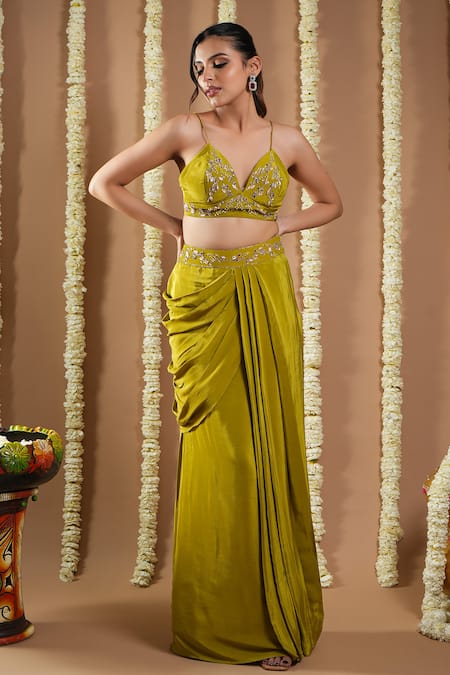 Ahi Clothing Green Organza, Crepe Cut Work, Zardozi Hand Embroidered Draped Skirt Cape Set Online at Aza Fashions Ahi Clothing_Green Organza, Crepe Cut Work, Zardozi Hand Embroidered Draped Skirt Cape Set _Online_at_Aza_Fashions