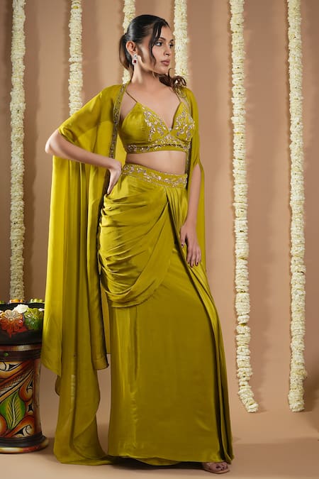 Buy Ahi Clothing Green Organza, Crepe Cut Work, Zardozi Hand Embroidered Draped Skirt Cape Set Online at Aza Fashions Buy_Ahi Clothing_Green Organza, Crepe Cut Work, Zardozi Hand Embroidered Draped Skirt Cape Set _Online_at_Aza_Fashions
