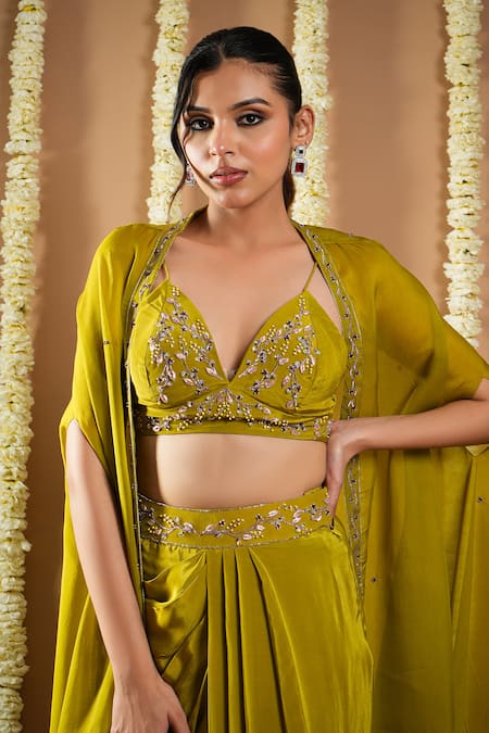 Shop Ahi Clothing Green Organza, Crepe Cut Work, Zardozi Hand Embroidered Draped Skirt Cape Set Online at Aza Fashions Shop_Ahi Clothing_Green Organza, Crepe Cut Work, Zardozi Hand Embroidered Draped Skirt Cape Set _Online_at_Aza_Fashions