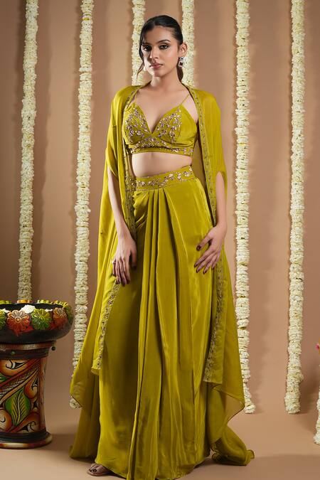 Ahi Clothing Green Organza, Crepe Cut Work, Zardozi Hand Embroidered Draped Skirt Cape Set at Aza Fashions Ahi Clothing_Green Organza, Crepe Cut Work, Zardozi Hand Embroidered Draped Skirt Cape Set _at_Aza_Fashions