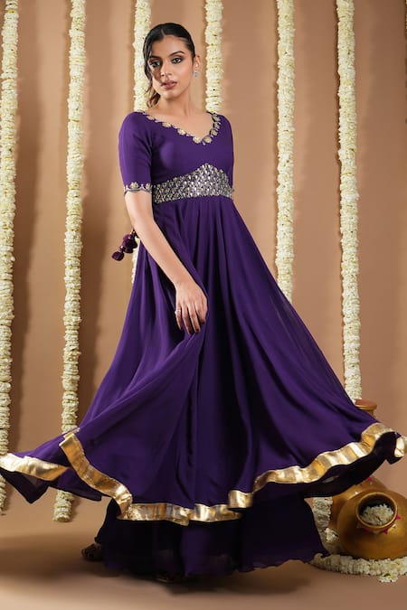 Ahi Clothing_Purple Georgette Embroidery V-neck Zari Hand Anarkali Set _Online_at_Aza_Fashions