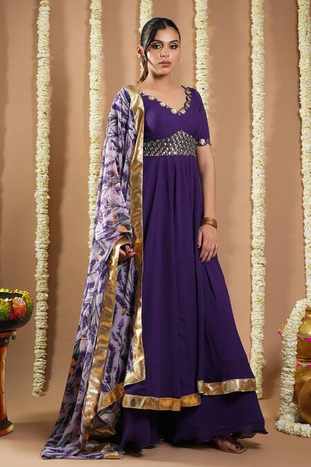 Buy_Ahi Clothing_Purple Georgette Embroidery V-neck Zari Hand Anarkali Set _Online_at_Aza_Fashions