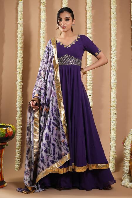 Ahi Clothing_Purple Georgette Embroidery V-neck Zari Hand Anarkali Set _at_Aza_Fashions