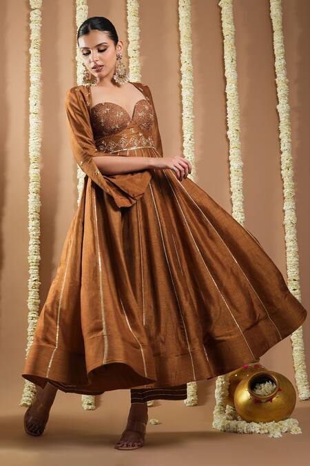 Buy_Ahi Clothing_Gold Organza, Silk Cut Work, Embroidery Sweetheart Neck Hand Anarkali Set _Online_at_Aza_Fashions