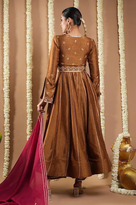 Shop_Ahi Clothing_Gold Organza, Silk Cut Work, Embroidery Sweetheart Neck Hand Anarkali Set _at_Aza_Fashions