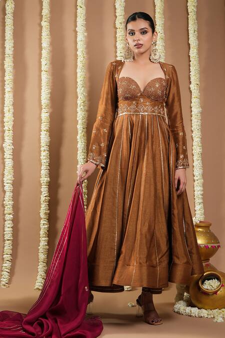 Shop_Ahi Clothing_Gold Organza, Silk Cut Work, Embroidery Sweetheart Neck Hand Anarkali Set _Online_at_Aza_Fashions